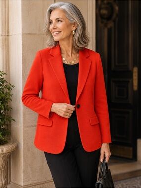 Misook Orange Red Knit Blazer Jacket Women’s Medium Single Button Career Office